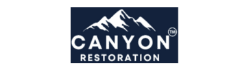 Untitled design (1) copy 7 Logo with white mountain silhouette above the text "Canyon Restoration" on a dark blue background.